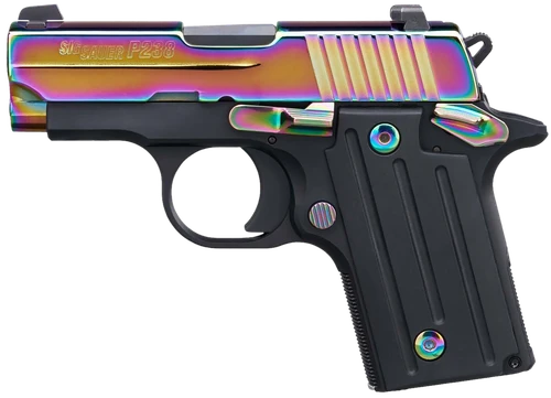 Sig Sauer 238380RBT2 P238  Micro-Compact Frame 380 ACP 6+1 2.70" Black Steel Barrel, High Polished Rainbow Titanium PVD Serrated Stainless Steel Slide, Black Anodized Alloy Steel Frame, Polymer Grip