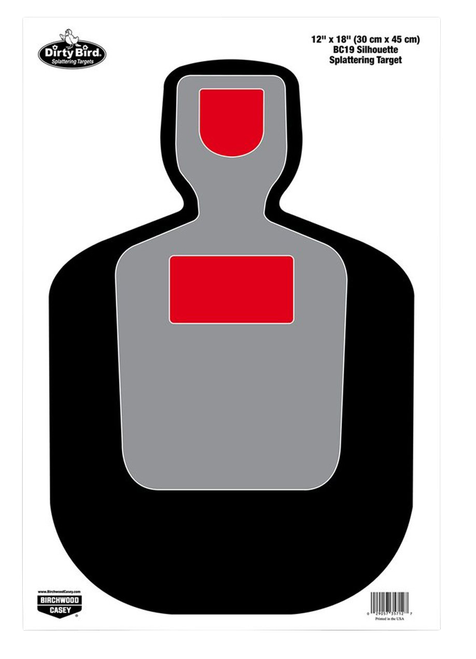 Birchwood Casey 35712 Dirty Bird BC-19 Silhouette Paper Hanging Pistol 12" x 18" Black/Gray/Red White Impact Splatter 100 Per Pkg