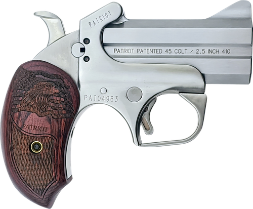 Bond Arms BAPA Patriot  45 Colt (LC)/410 Gauge 2rd 3" Stainless Steel Double Barrel & Frame w/Trigger Guard, Auto Extractors & Rebounding Hammer, Laser Engraved American Flag & Bald Eagle Rosewood Gri