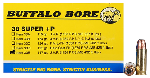 Buffalo Bore Ammunition 33E20 Personal Defense Strictly Business 38Super +P 147gr Jacket Hollow Point 20 Per Box/12 Case