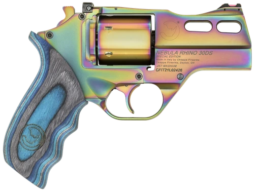 Chiappa Firearms CF340319 Rhino 30DA Nebula *CA Compliant 357 Mag 6 Shot, 3" Rainbow PVD Steel Vent Rib Barrel & Cylinder, Rainbow PVD Aluminum Frame, Blue Laminate Grip, Exposed Hammer