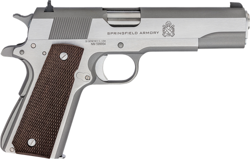 Springfield Armory PBD9151L 1911 Mil-Spec Defend Your Legacy 45 ACP 7+1, 5" Stainless Steel Match Grade Barrel, Stainless Serrated Slide, Stainless Steel Frame w/Beavertail, Checkered Wood Grip