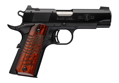 Browning 051072490 1911 Black Label Medallion 250 Compact Frame 22 LR 10+1 3.63" Matte Stainless Steel Barrel, Black Anodized Aluminum Serrated Slide, Matte Black Polymer Frame w/Beavertail, Engraved