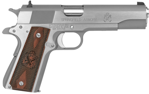 Springfield Armory PB9151LCA 1911 Mil-Spec *CA Compliant 45 ACP 7+1, 5" Stainless Match Grade Steel Barrel, Serrated Stainless Steel Slide & Frame w/Beavertail, Crossed Cannon Cocobolo Grip