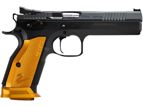 CZ-USA 91266 TS 2  9mm Luger 20+1 5.28" Stainless Bull Barrel, Black Serrated Steel Slide, Black Polycoat Steel Frame w/Beavertail, Orange Checkered Aluminum Grip