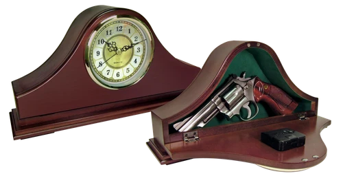 Peace Keeper MGC Mantle Gun Clock  Front Panel Entry Mahogany Stain Wood Holds 1 Handgun 14.62" L x 7.37" H x 3.75" D