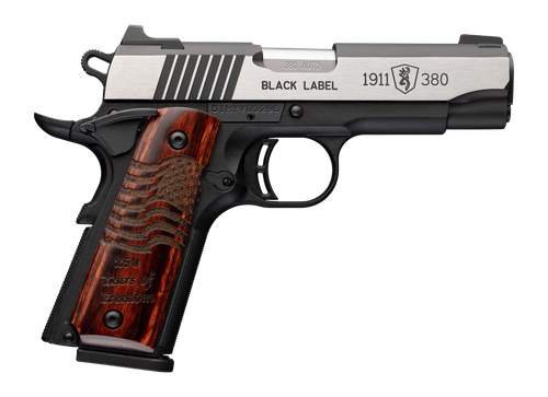 Browning 051123492 1911 Black Label Medallion Pro 250 Compact Frame 380 ACP 8+1 3.63" Stainless Steel Barrel, Stainless Steel w/Blackened Slide Flats Serrated Slide, Matte Black Aluminum Frame w/Beave