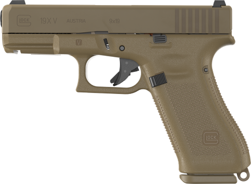 Glock UV1950701X G19X V 9mm Luger 10+1 4.02" Black GMB Barrel, Coyote nPVD Steel Serrated Slide, Coyote Brown Polymer Frame, Textured Polymer Grip, Ambidextrous