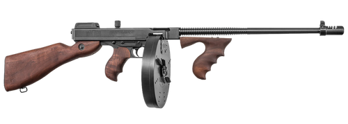 Thompson T1100D 1927A-1 Deluxe Carbine 45 ACP Caliber with 18" Barrel, 20+1 Capacity (Stick), 100+1 Capacity (Drum), Blued Metal Finish, American Walnut Stock Wood Grip Right Hand