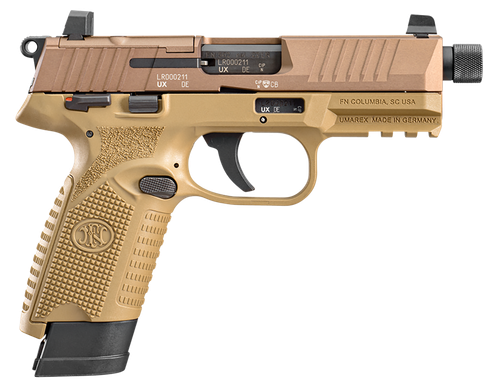 FN 66101006 502 Tactical 22 LR 10+1/15+1, 4.60" Black Steel Threaded Barrel, Flat Dark Earth Optic Ready/Serrated Slide & Polymer Frame w/Picatinny Rail, FDE Textured Polymer Grip, Ambidextrous