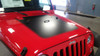 front of red Jeep Wrangler Hood Decal Graphics OUTFITTER 3M 2008-2018