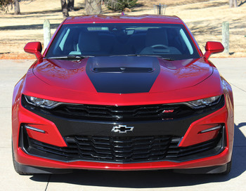 front of 2019 Chevy Camaro Hood Stripes Vinyl Decals SHOCK HOOD