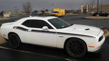 profile of white Scat Pack 2025 Dodge Challenger RT Stripes DUEL 15 2015-2025