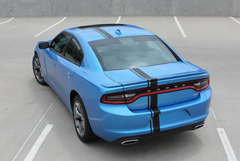 rear angle of blue 2017 Dodge Charger Euro Decals E RALLY 15 2015-2021