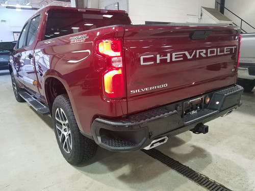 rear of red 2019 Chevy Silverado Tailgate Stripes CHEVROLET 2019-2021