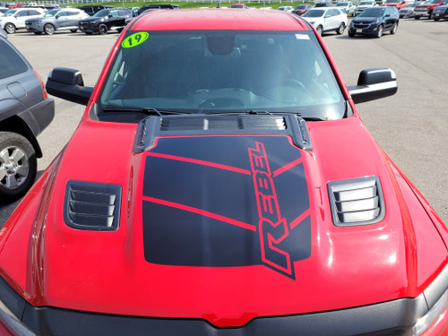 front of red 2020 Ram 1500 Rebel REB HOOD Graphics Kit 2019-2024