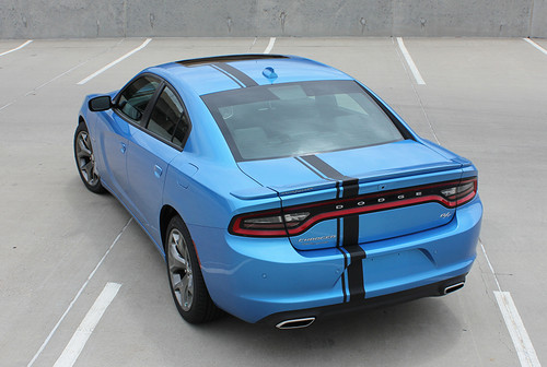 rear angle of blue 2017 Dodge Charger Euro Decals E RALLY 15 2015-2024
