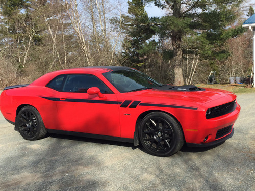 side of red 2025 Shaker, RT, Hemi Dodge Challenger Stripes FURY 2011-2025