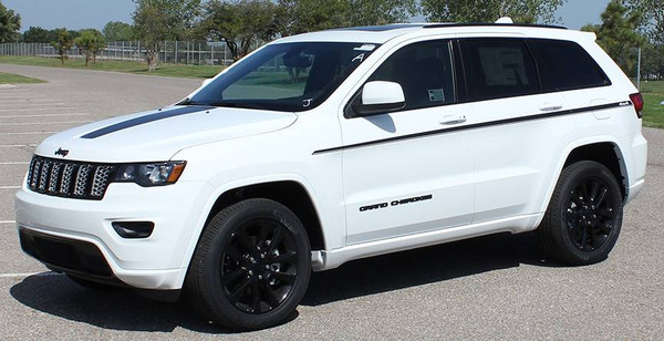 front angle of white 2019 Jeep Grand Cherokee Side Stripe PATHWAY 2011-2020
