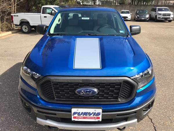 front of blue 2019 Ford Ranger Hood Stripe Decals VIM HOOD 2019-2021