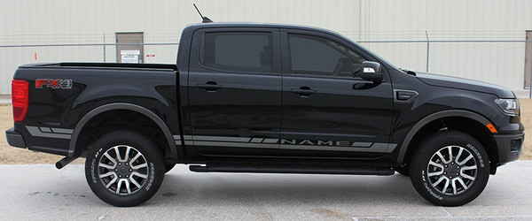 side of black 2019 Ford Ranger Side Stripes RAPID ROCKER DECALS 2019-2023