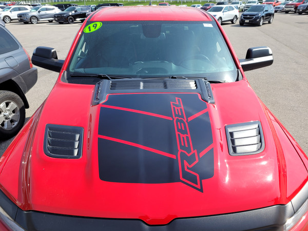 front of red 2020 Ram 1500 Rebel REB HOOD Graphics Kit 2019-2024