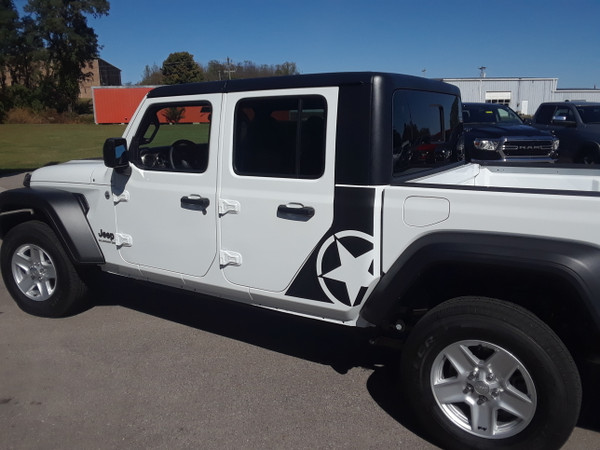 side of white OMEGA SIDES : Jeep Gladiator Side Door Star Decals Stripe 2020-2024