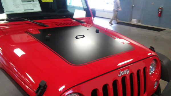 front of red 2017 Jeep Wrangler Hood Stripe OUTFITTER HOOD 2008-2018