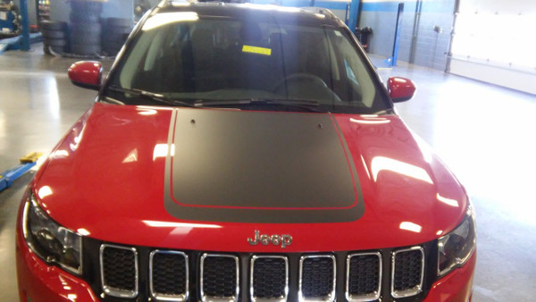 front of red Factory Style! Jeep Compass Hood Stripes BEARING HOOD 2017-2025