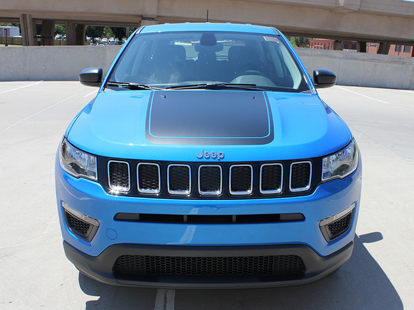 front of blue 2024 Jeep Compass Hood Stripe BEARING HOOD 2017-2025