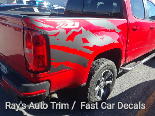 side of red 2021 Chevy Colorado Bed Vinyl Graphics ANTERO 2015-2022