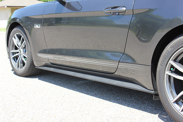 lower view of black Ford Mustang Side Door Decals TRILINE ROCKER 2015-2017 2018