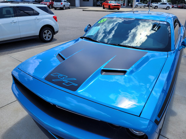 front of blue 2018 Dodge Challenger RT Hood Stripes CHALLENGE HOOD 2015-2025