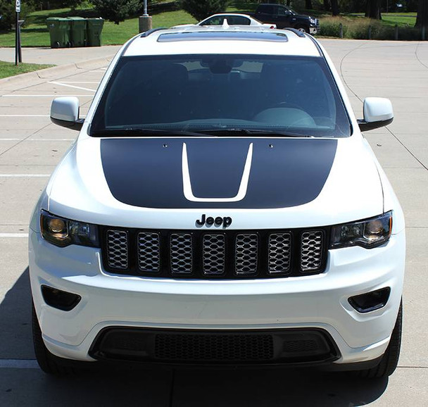 front of white 2019 Jeep Grand Cherokee Hood Stripe TRAIL HOOD 2011-2020