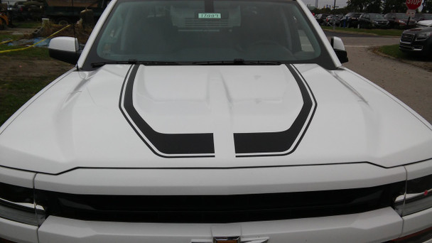 front of white 2018 Chevy Silverado Hood Graphics FLOW HOOD 2016 2017