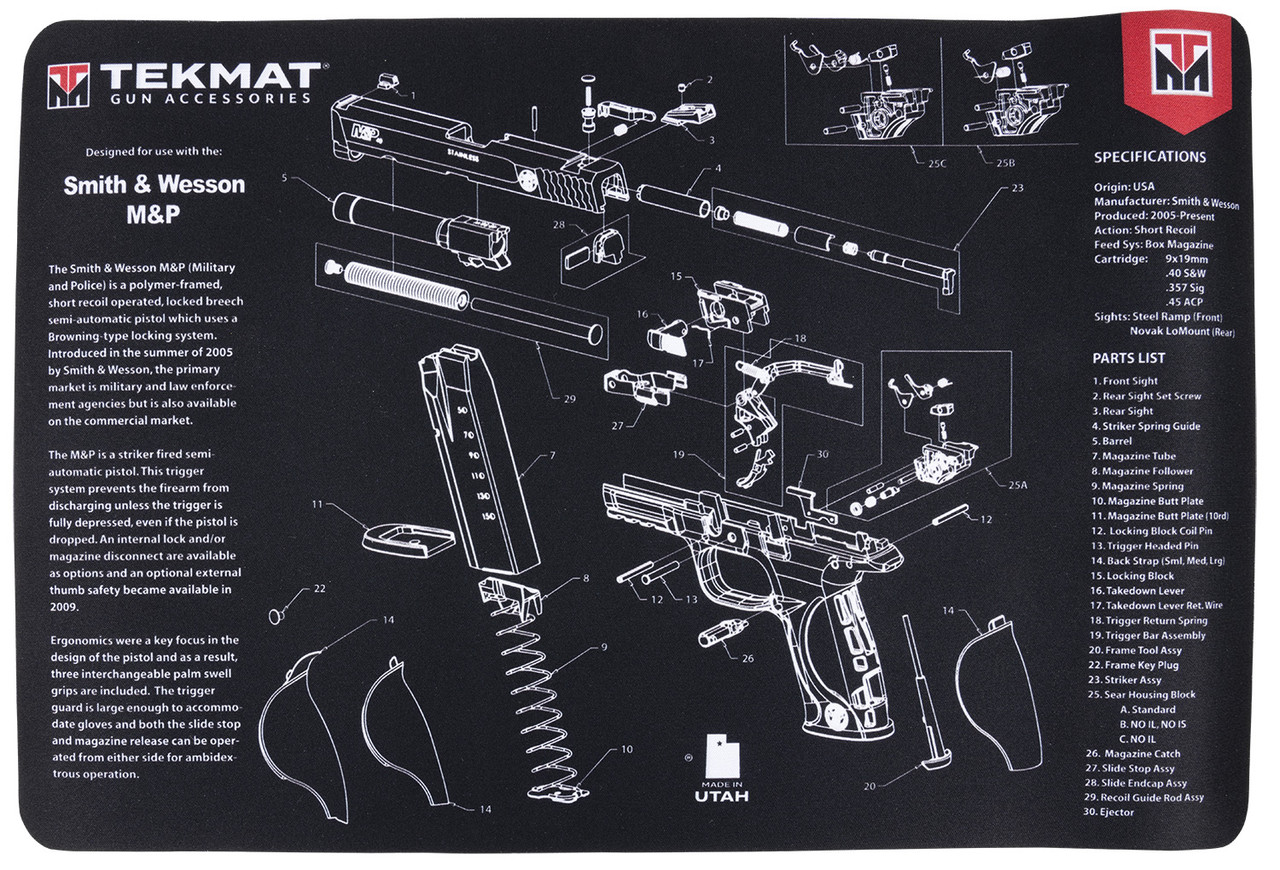 TekMat Gun Mat TEKR17SWMP Black/Gray Rubber 17" Long 11" x 17" S&W M&P Parts Diagram Illustration