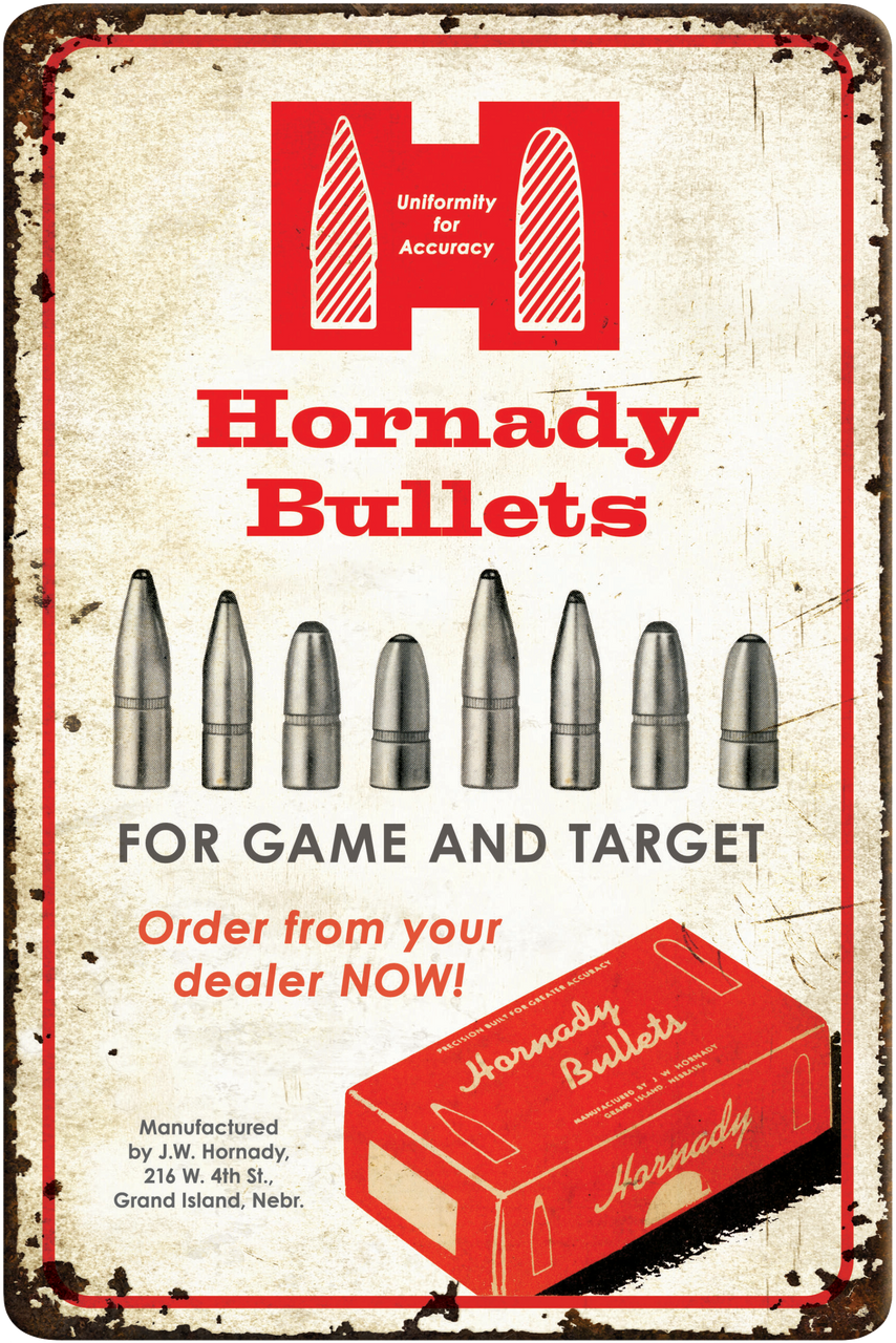 Hornady Bullets Tin Sign, Horn 99145   Hornady Bullets Rustic Tin Sign