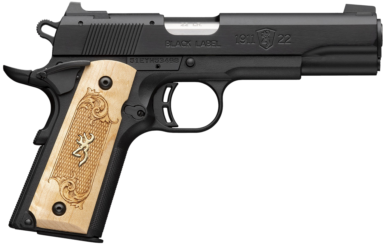 Browning 051067490 1911-22 Black Label Medallion Full Size Frame 22 LR 10+1 4.25" Stainless Steel Barrel, Matte Black Serrated Slide, Matte Black Aluminum Frame w/Beavertail, Maple Medallion Grip