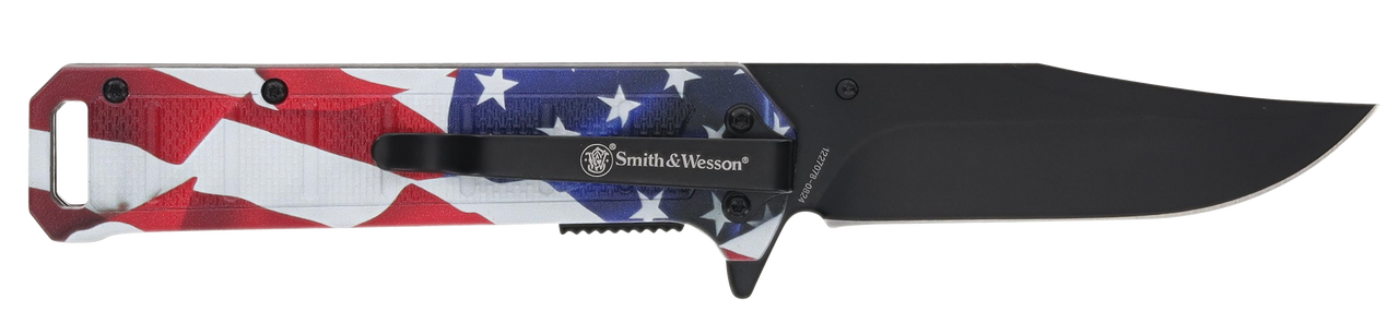 Smith & Wesson Knives 1227078 America's Heros w/Bullet  Knife 3.40" Folding Plain Black Oxide Stainless Steel Blade, 4.50" US Flag Handle, Bullet Knife, Gift Tin