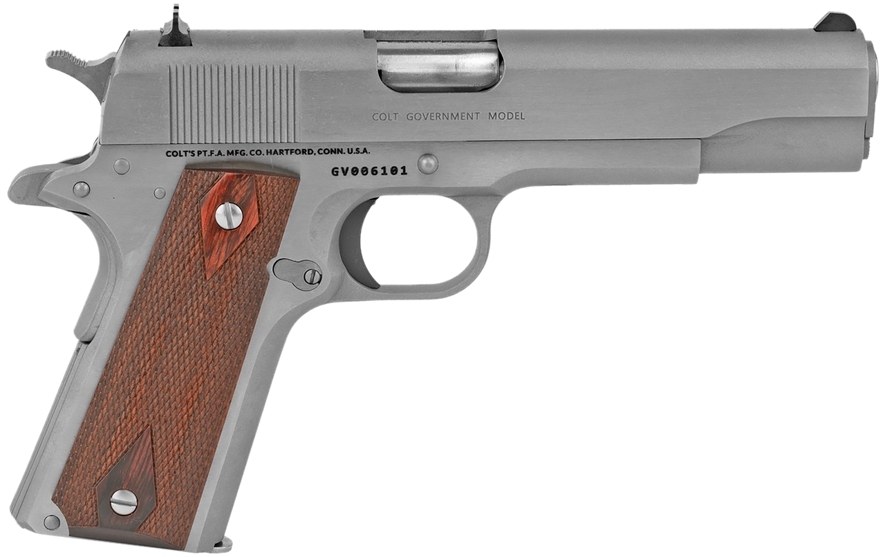 Colt Mfg O1911CSS38 1911 Government 38 Super 9+1 5" Stainless National Match Barrel, Serrated Stainless Steel Slide & Frame w/Beavertail, Diamond Checkered Rosewood