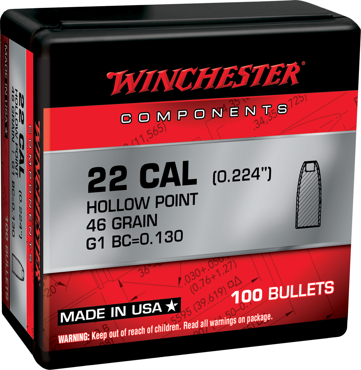Winchester Ammo WB22HP46X Reloading Bullets  22Hornet 46gr Hollow Point 100 Per Box/10 Case