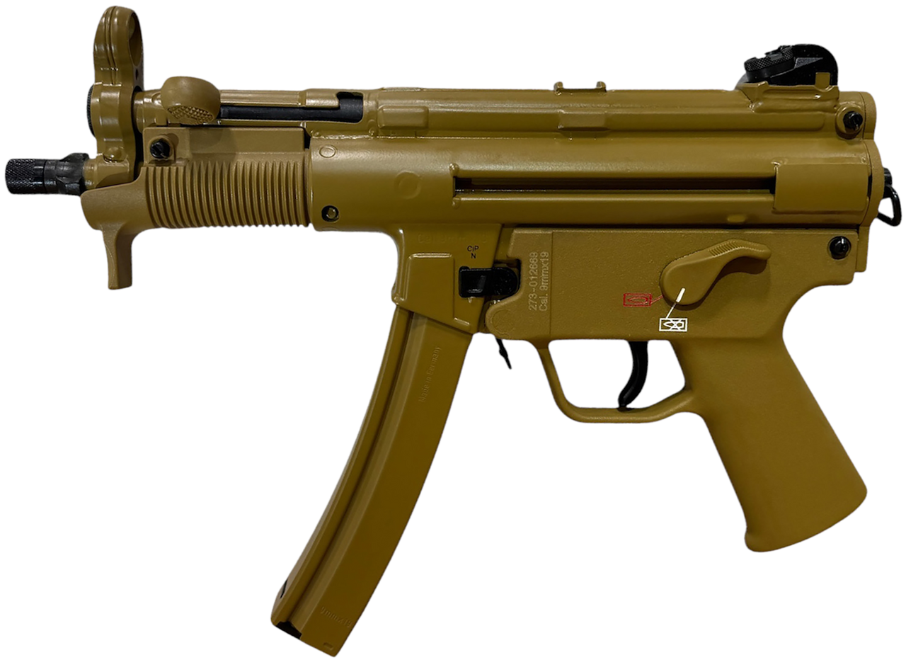 HK 81001076 SP5K-PDW RAL8000 9mmx19 30+1 4.53" Black Navy-Style Threaded Barrel, Flat Dark Earth Earth Cerakote Steel Receiver & Frame, FDE Polymer Grip, 2 Magazines