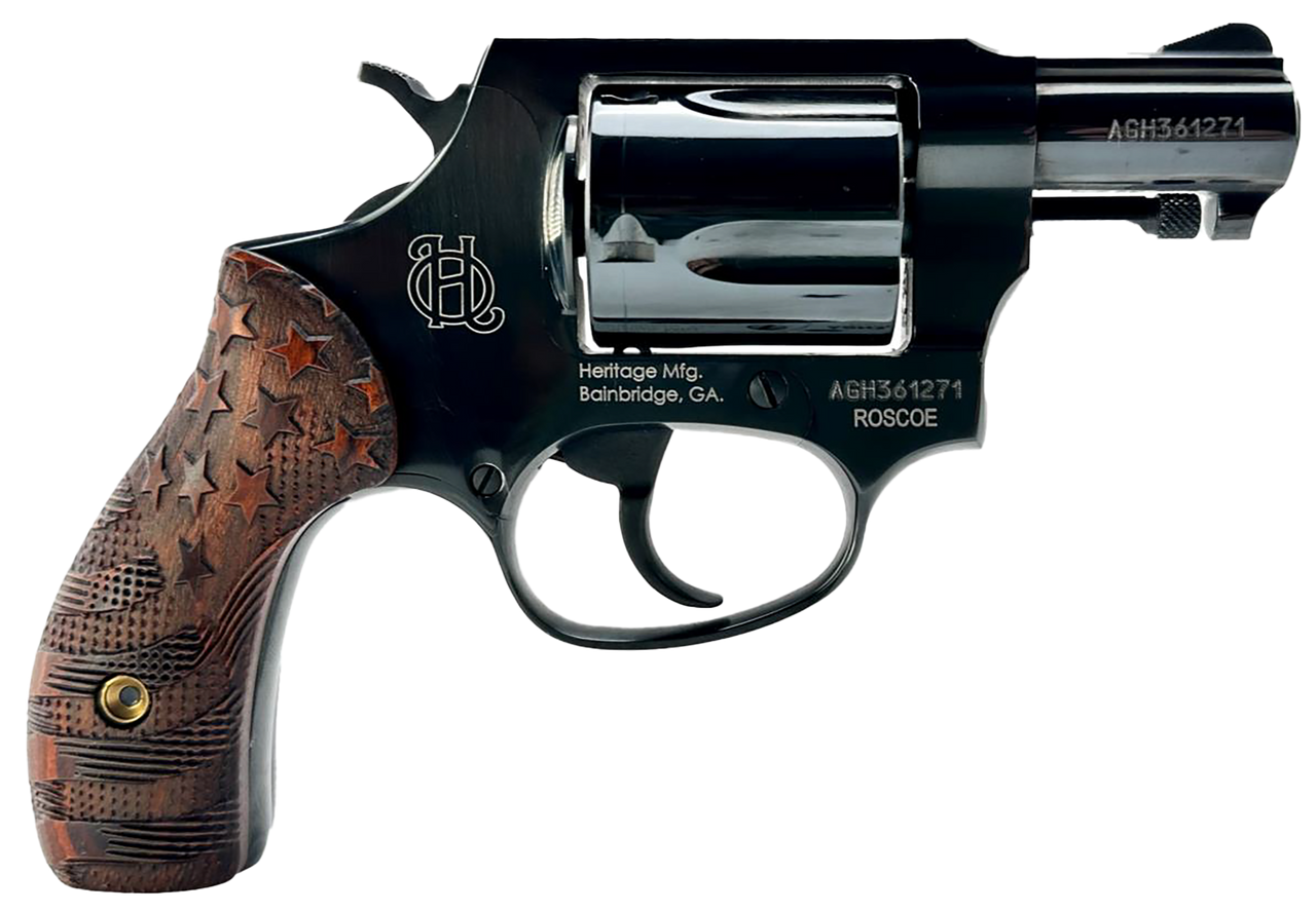 Heritage Mfg HR38B3-US1 Roscoe  Small 38 Special +P 5 Shot 3" Black Polished Alloy Steel Barrel, Cylinder & Frame, Custom Designed Wood Grip w/Stars & Stripes, Transfer Bar Safety, Exposed Hammer