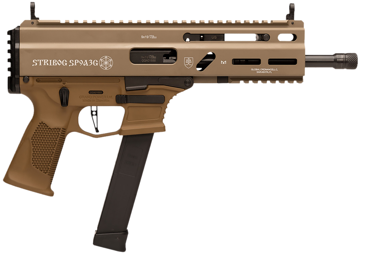 Grand Power 810091156155 SP9A3G Stribog 9mm Luger 30+1 8" Black Threaded Barrel, M-LOK Handguard, Flat Dark Earth Aluminum Picatinny Rail Receiver, FDE Polymer Grip, Thread Protector