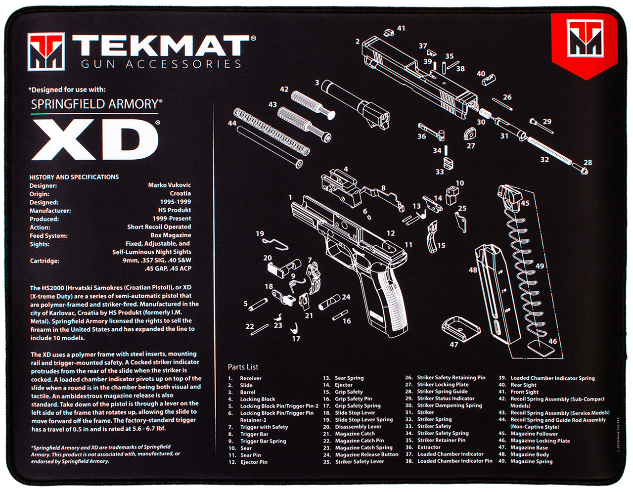 TekMat TEKR20XD Springfield Armory XD Ultra 20 Cleaning Mat Black/White Rubber 15"x20" Springfield Armory XD Parts Diagram