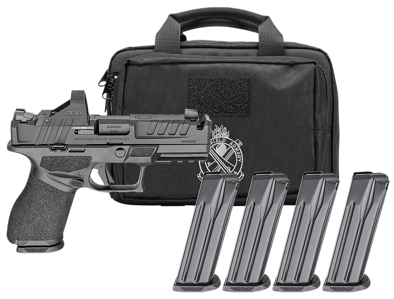 Springfield Armory EC9409BCOMP15PAC Echelon Comp Gear Pac 9mm Luger 15+1 4" Black Melonite Ported Barrel & Steel Integrated Compensator/Optic Ready/Serrated Slide with Viridian RFX-11 Green Dot