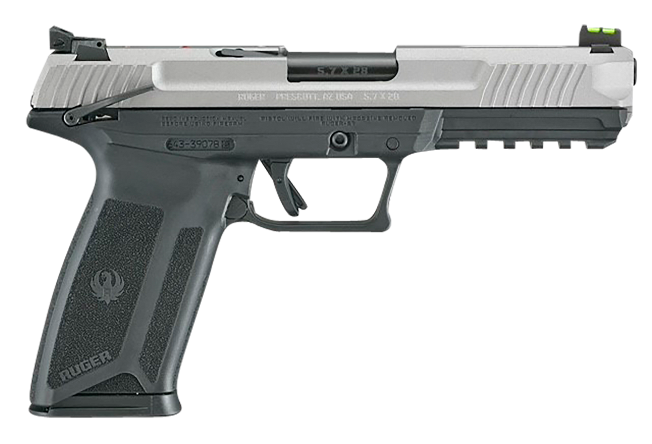 Ruger 16408 Ruger-5.7  Exclusive Finish 5.7x28mm 20+1 4.94" Black Nitride Steel Barrel, Savage Cerakote Serrated Steel Slide, Black Polymer Frame w/Picatinny Rail, Black Polymer Grip, Right Hand