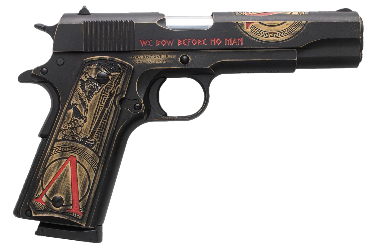 Tisas Arms 10100518AA1 1911 Spartan Full Size 45 ACP 7+1 5" Distressed Multi-Color Cerakote Serrated Slide & Carbon Steel Frame w/Beavertail, Aluminum Cerakote w/Engraving Grip