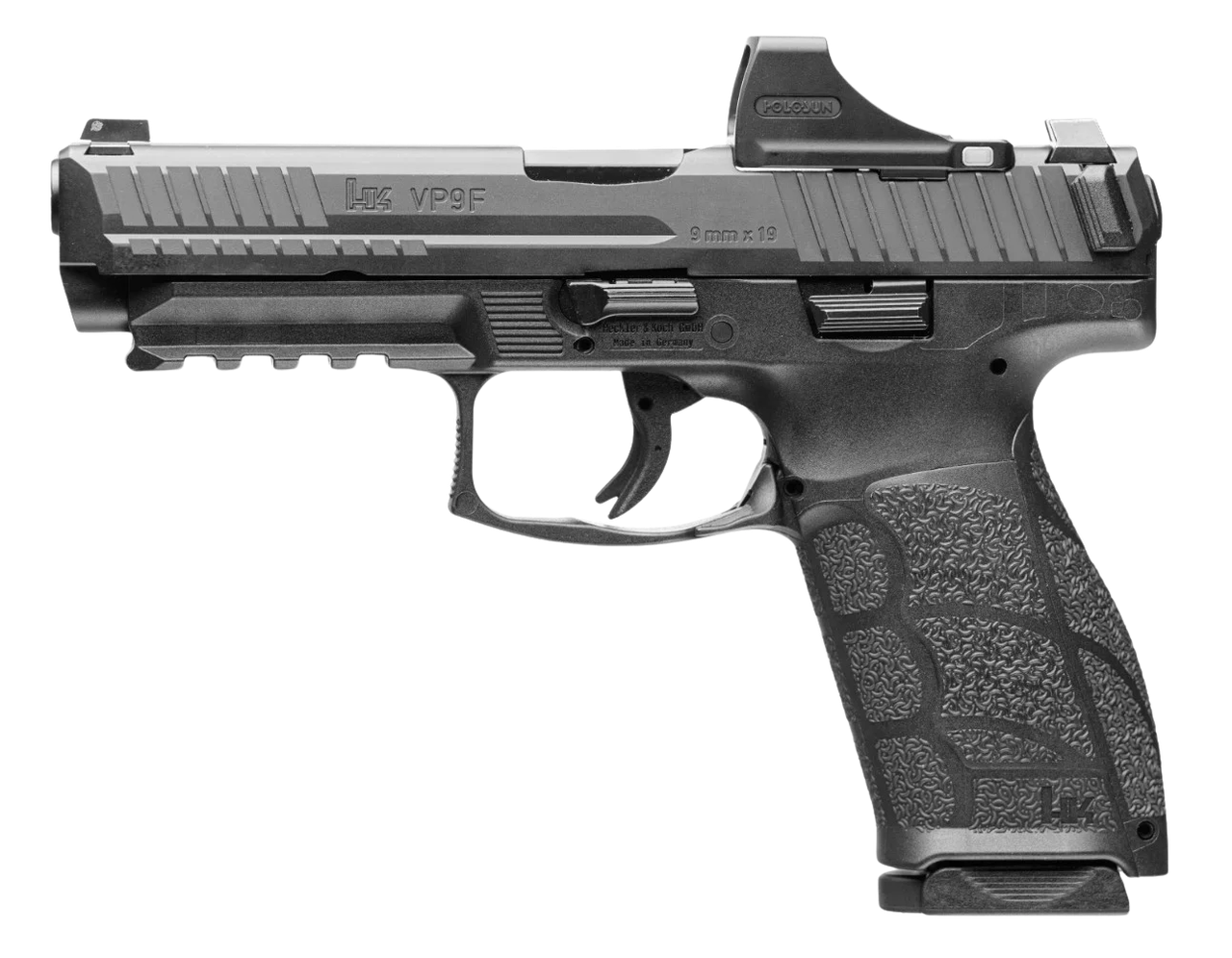HK 81001496 VP9 A1 w/Optic Full Size 9mm Luger 10+1 4.53" Black Steel Polygonal Rifled Barrel & Serrated w/Optic Slide, Black Polymer Frame w/Picatinny Rail, Interchangeable Backstrap Grip, Holosun SC