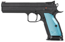 CZ-USA 01220 TS 2 9mm Luger 10rd 5.28" Black Steel Barrel, Black Nitride Serrated Slide, Black Steel Frame w/Beavertail, Blue Textured Aluminum Grip